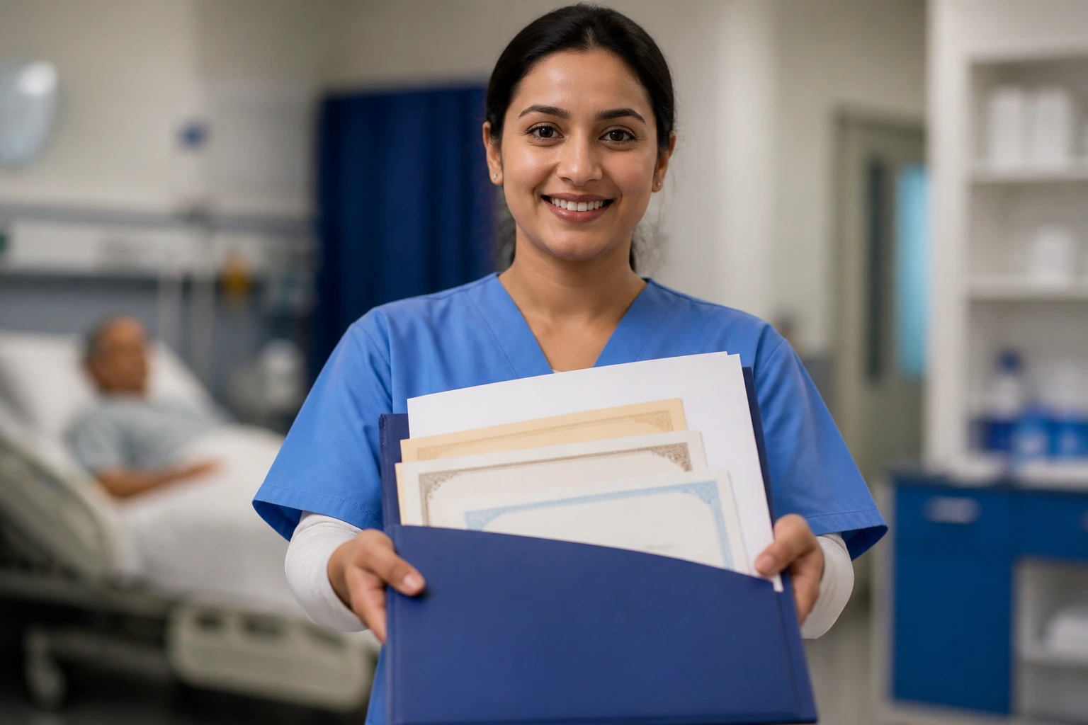Healthcare worker holding a folder with care certificates and experience in a clinical setting.