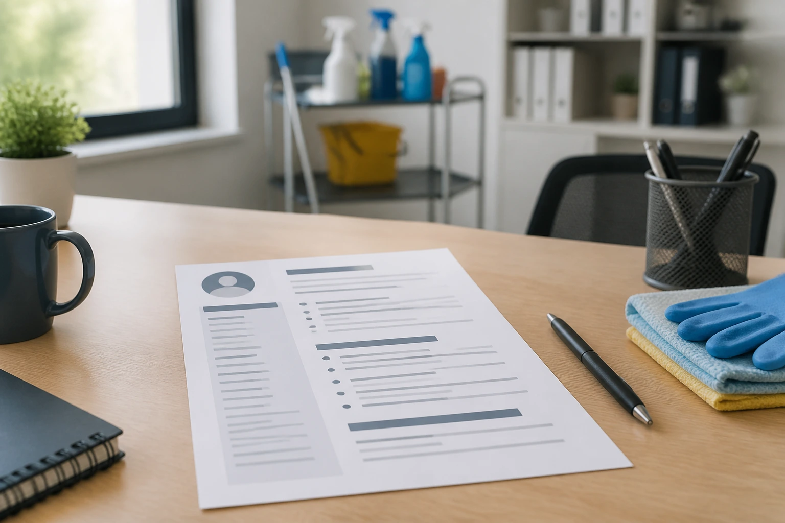 Close-up of a resume-style document with placeholder sections on a desk