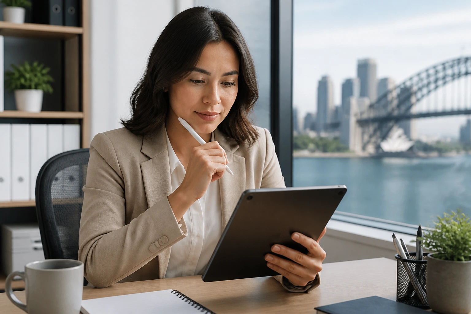 Professional reviewing a resume on a tablet in a clean office