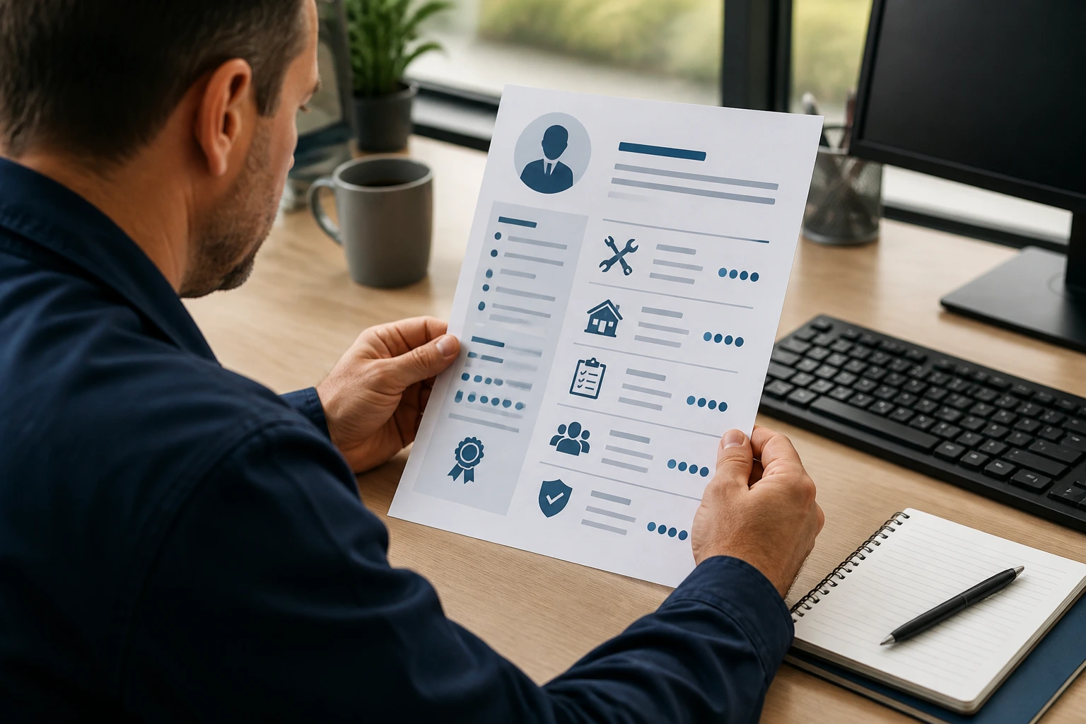 Real person examining a CV-like document illustrated with icons, no legible text