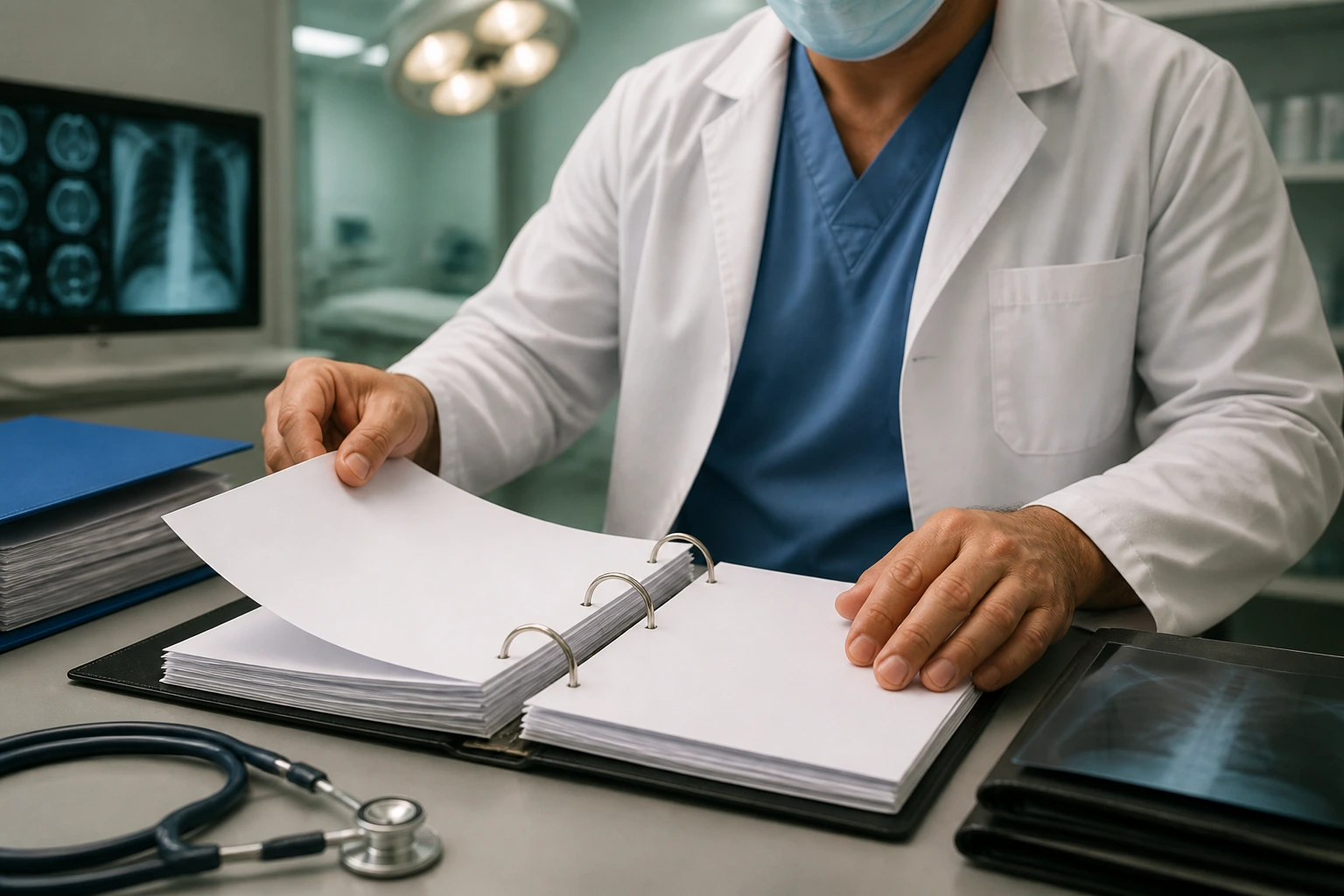 Surgeon's hands with a binder containing blank pages in a hospital consult room