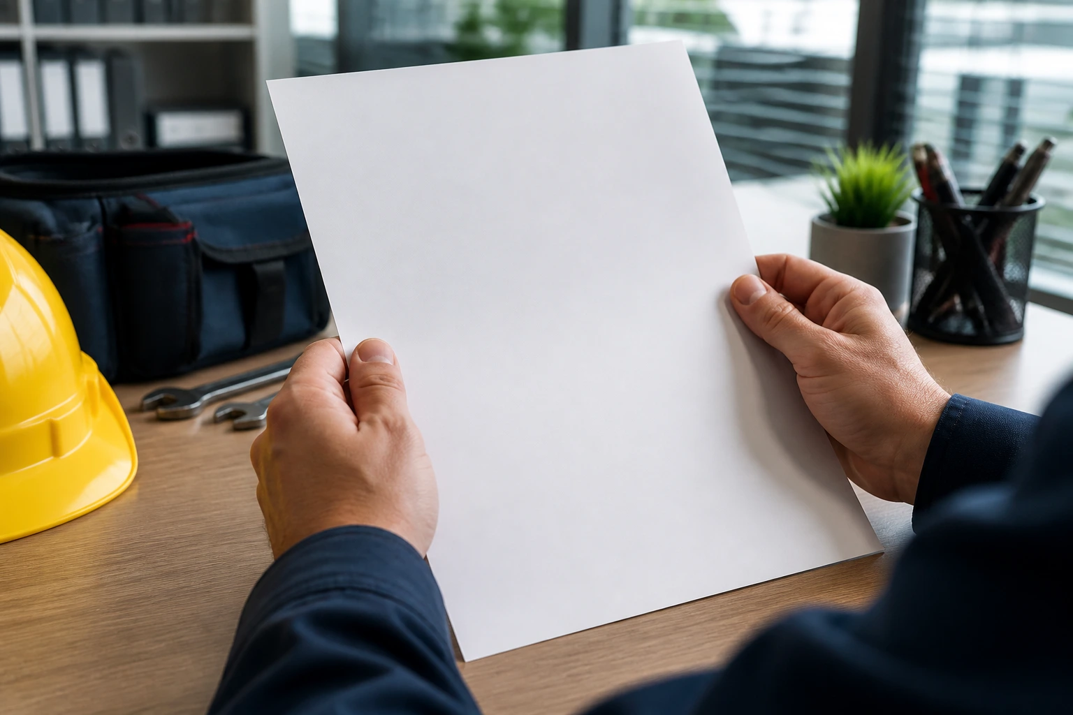 Hands holding a blank resume document on an office desk