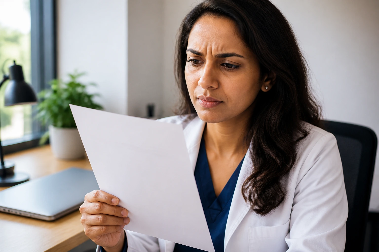 Close-up portrait of a professional woman evaluating a blank document in an office, symbolizing avoiding NHS application pitfalls