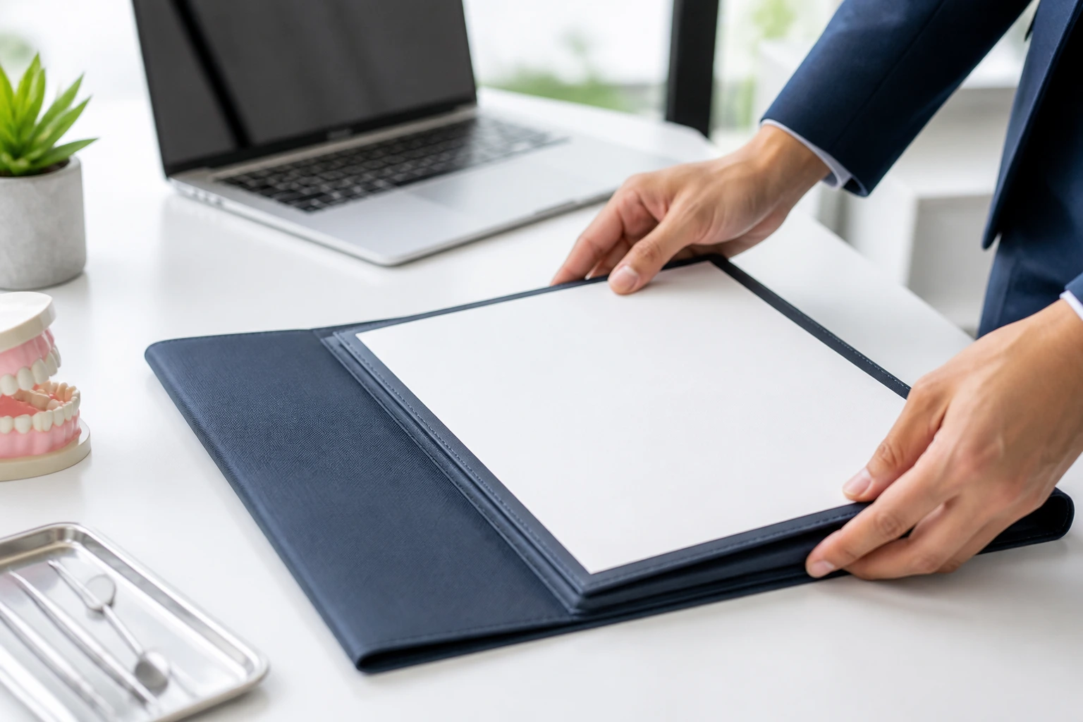 Hands arranging a blank portfolio on an office desk for CV prep