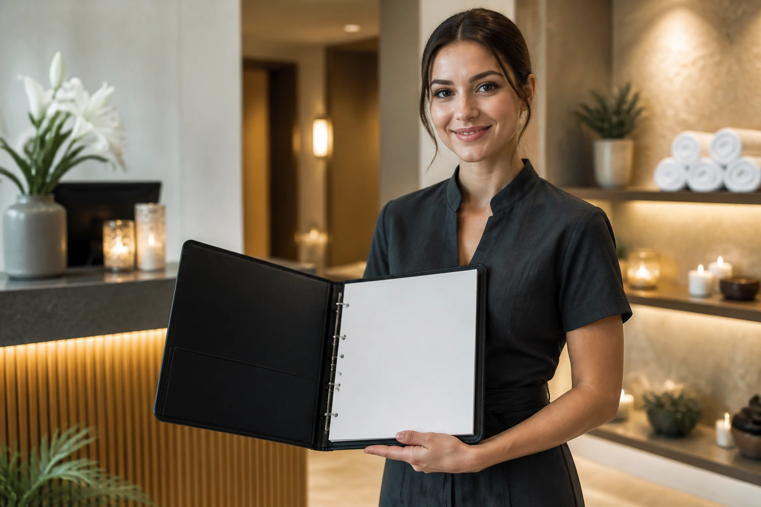 Spa manager holding a portfolio with blank pages, in a spa setting
