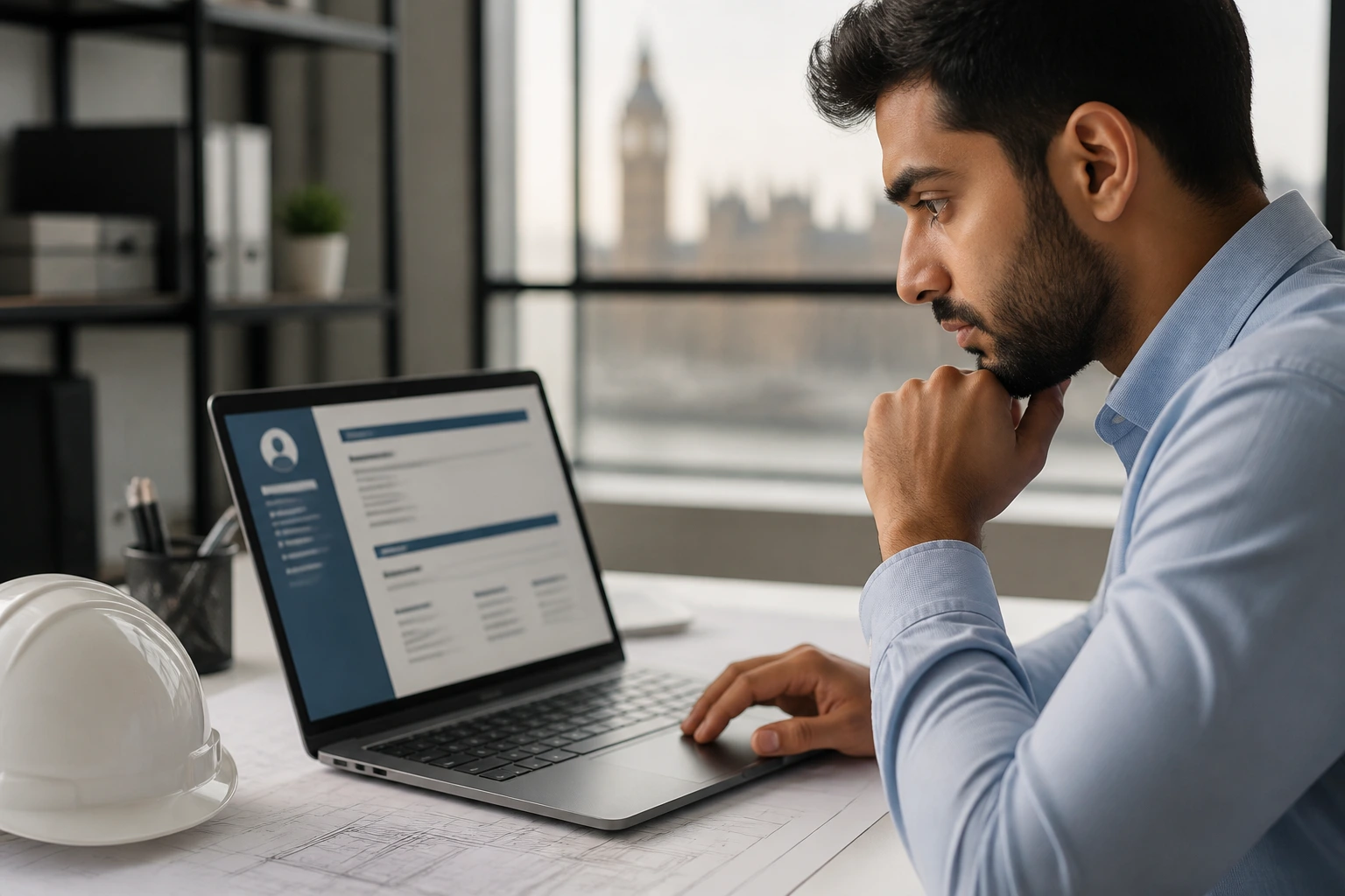 Engineer reviewing UK CV and portfolio at desk
