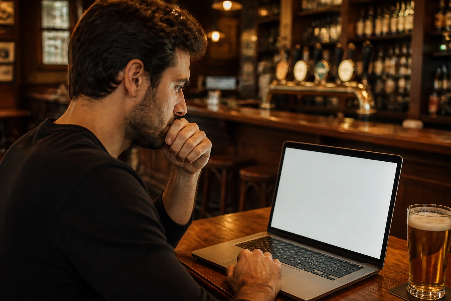Portrait of a pub worker reviewing a resume on a laptop in a pub.