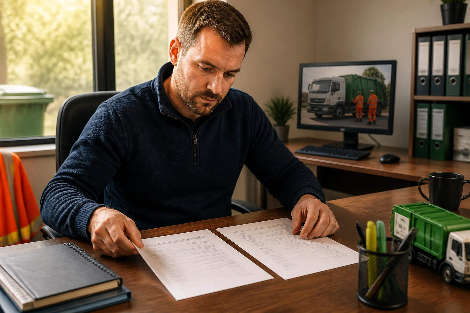 Person crafting a concise CV on a desk with two pages, text not legible