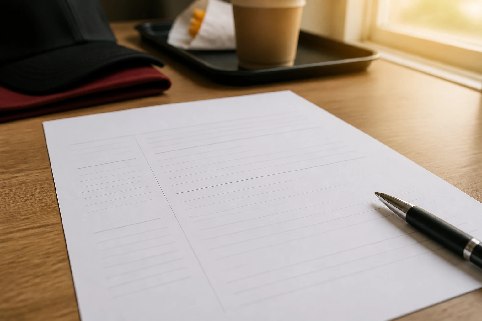 Close-up of a blank CV resume page with a pen on a desk