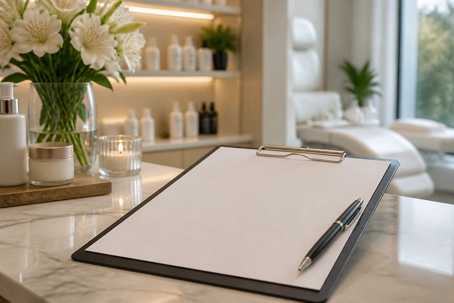 Close-up of a blank CV page on clipboard in a spa reception, professional CV concept (no text).