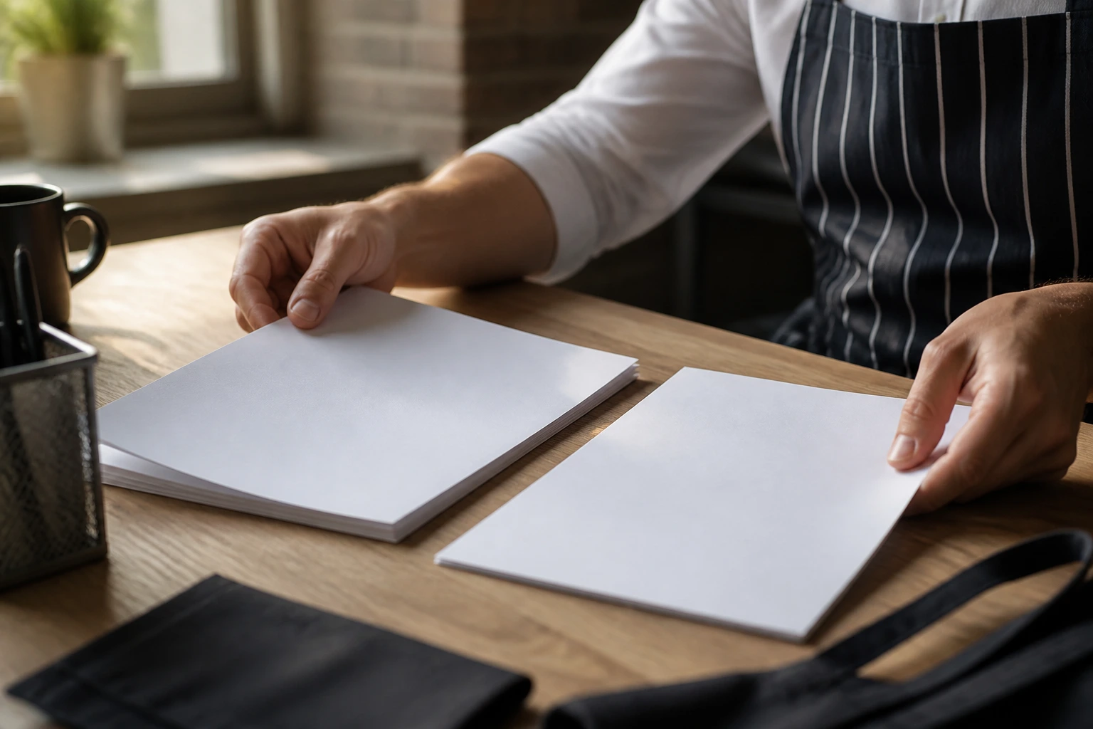 Close up of hands arranging blank CV pages on a bright desk, no text visible