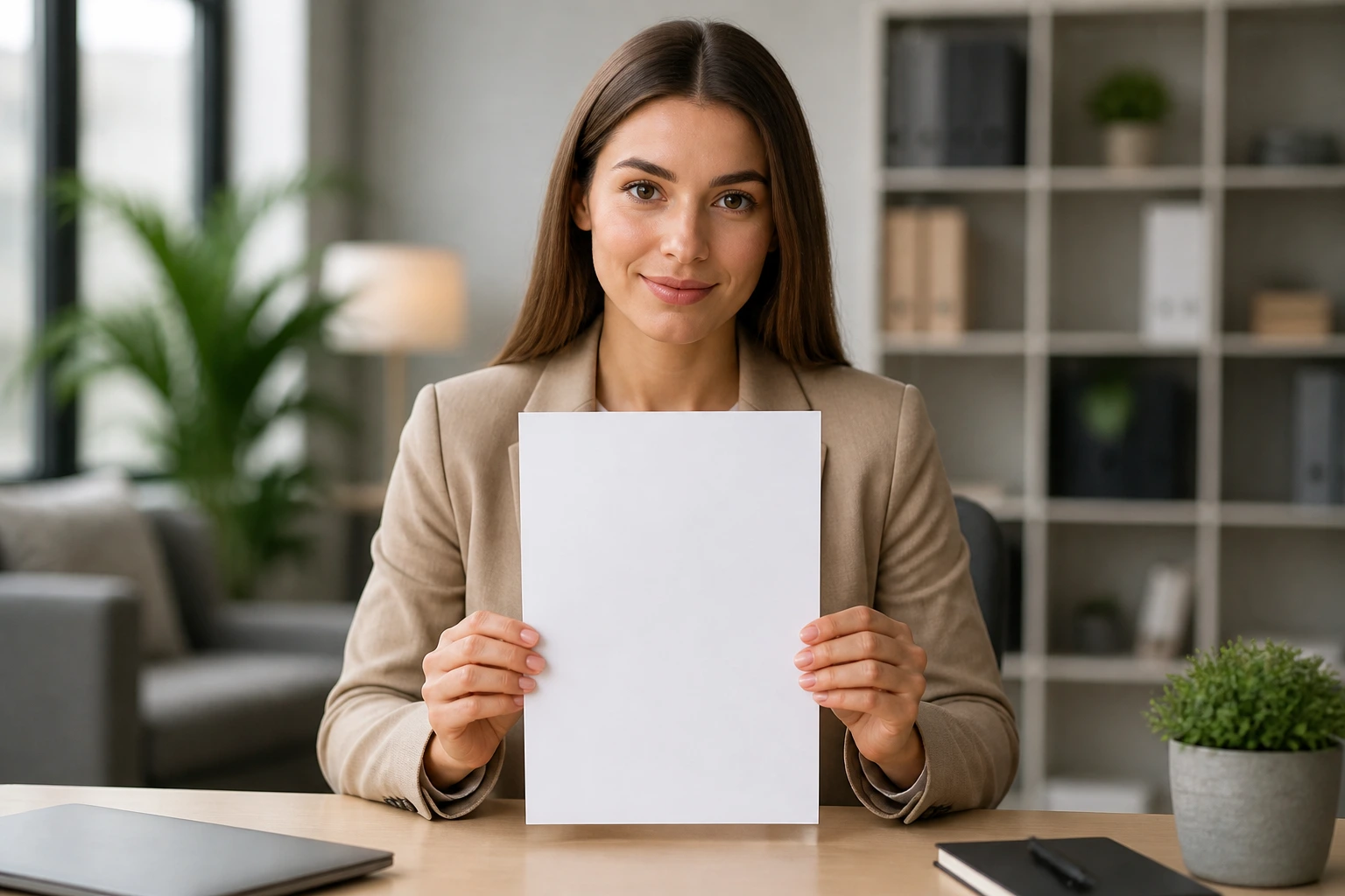 Person holding a blank sheet of paper in an office, preparing a CV