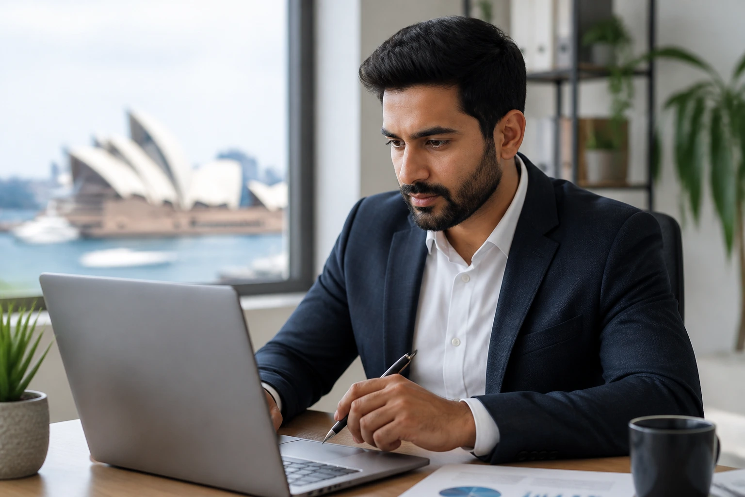 Professional editing a resume on a laptop in an Australian market setting