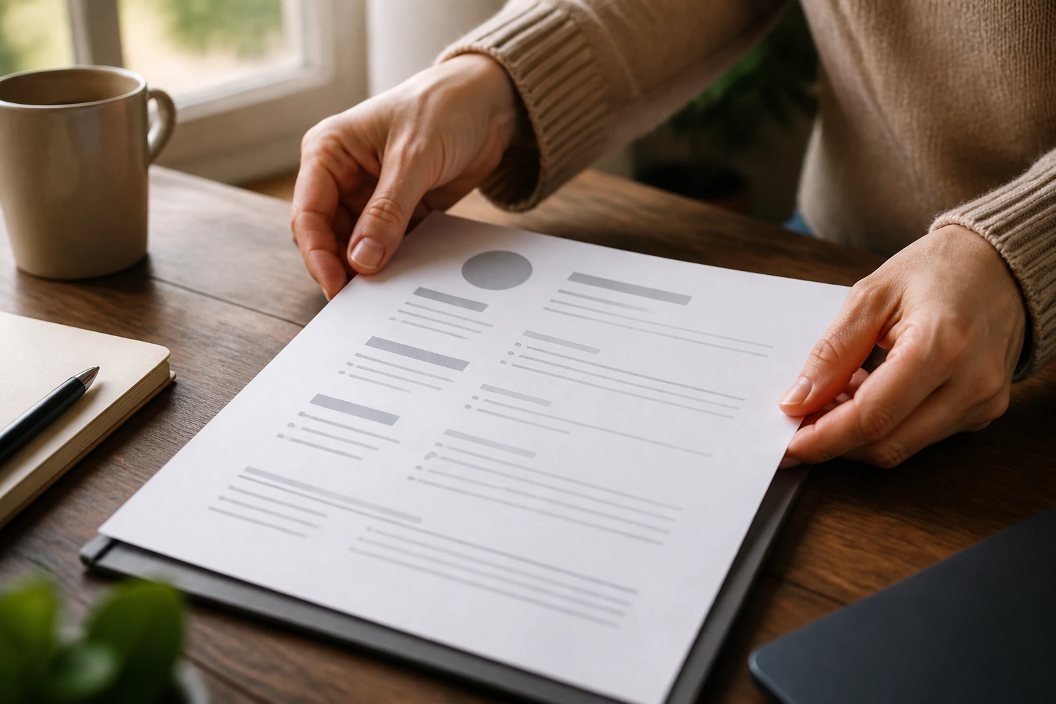 Close-up of hands with a blank resume document on a desk, emphasizing CV focus for UK animal-care jobs