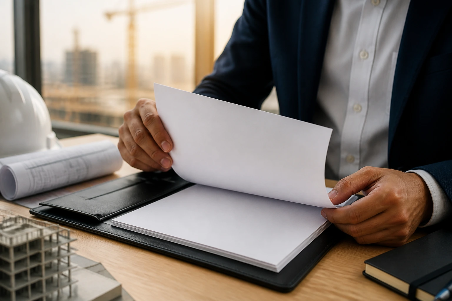 Person reviewing a CV portfolio with blank page visible.