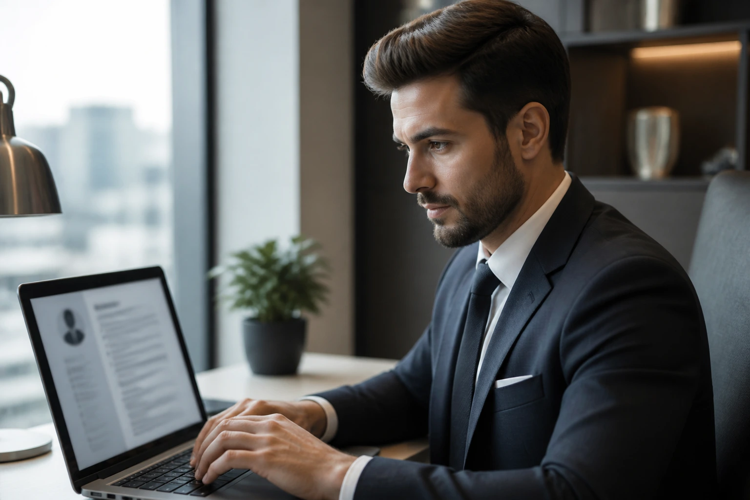 Professional in office preparing a CV for UK hospitality market