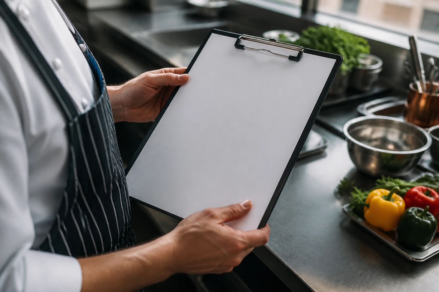 Close-up of a chef's hands with a blank CV sheet on a clipboard in a kitchen