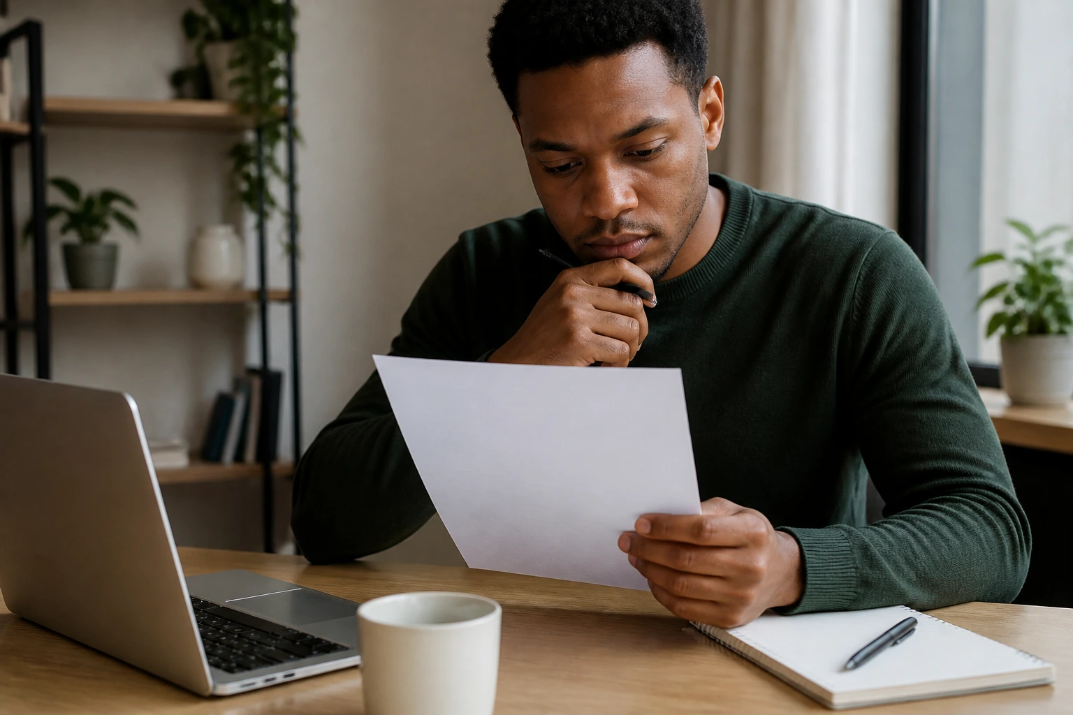 Person reviewing a blank resume sheet for a UK QSR CV in a quiet setting