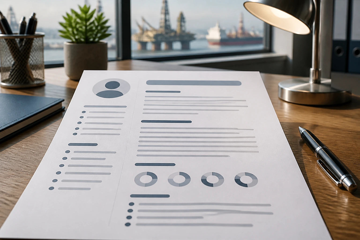 Close-up of a blank resume sheet on a desk in an office, abstract placeholders instead of text