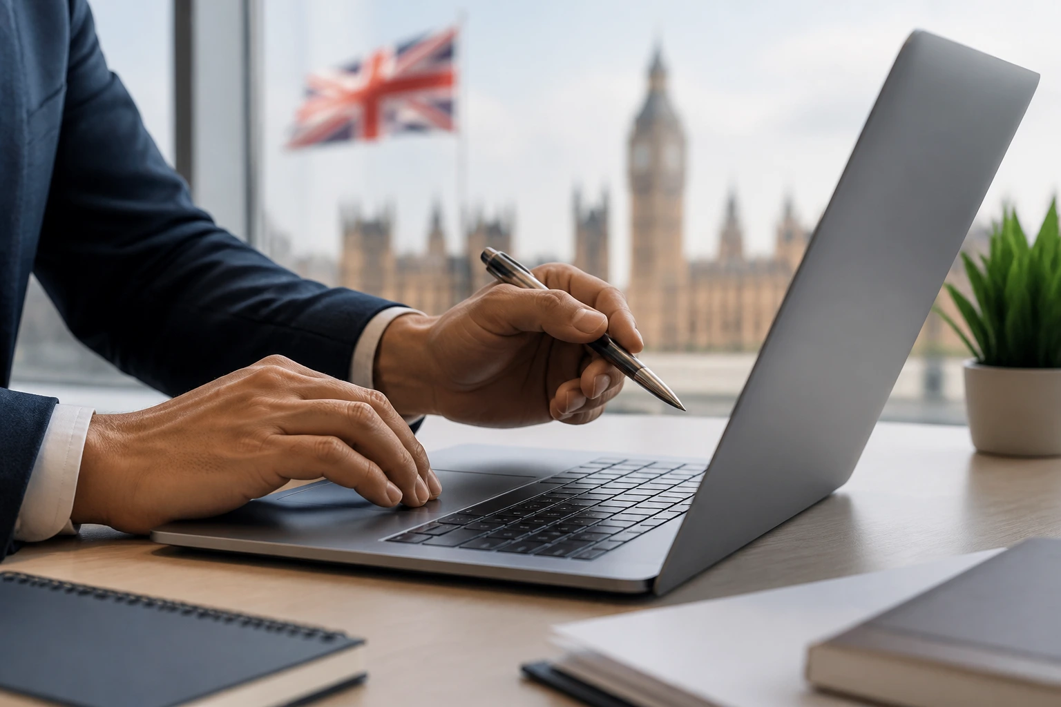 Hands editing a CV on a laptop in a clean office