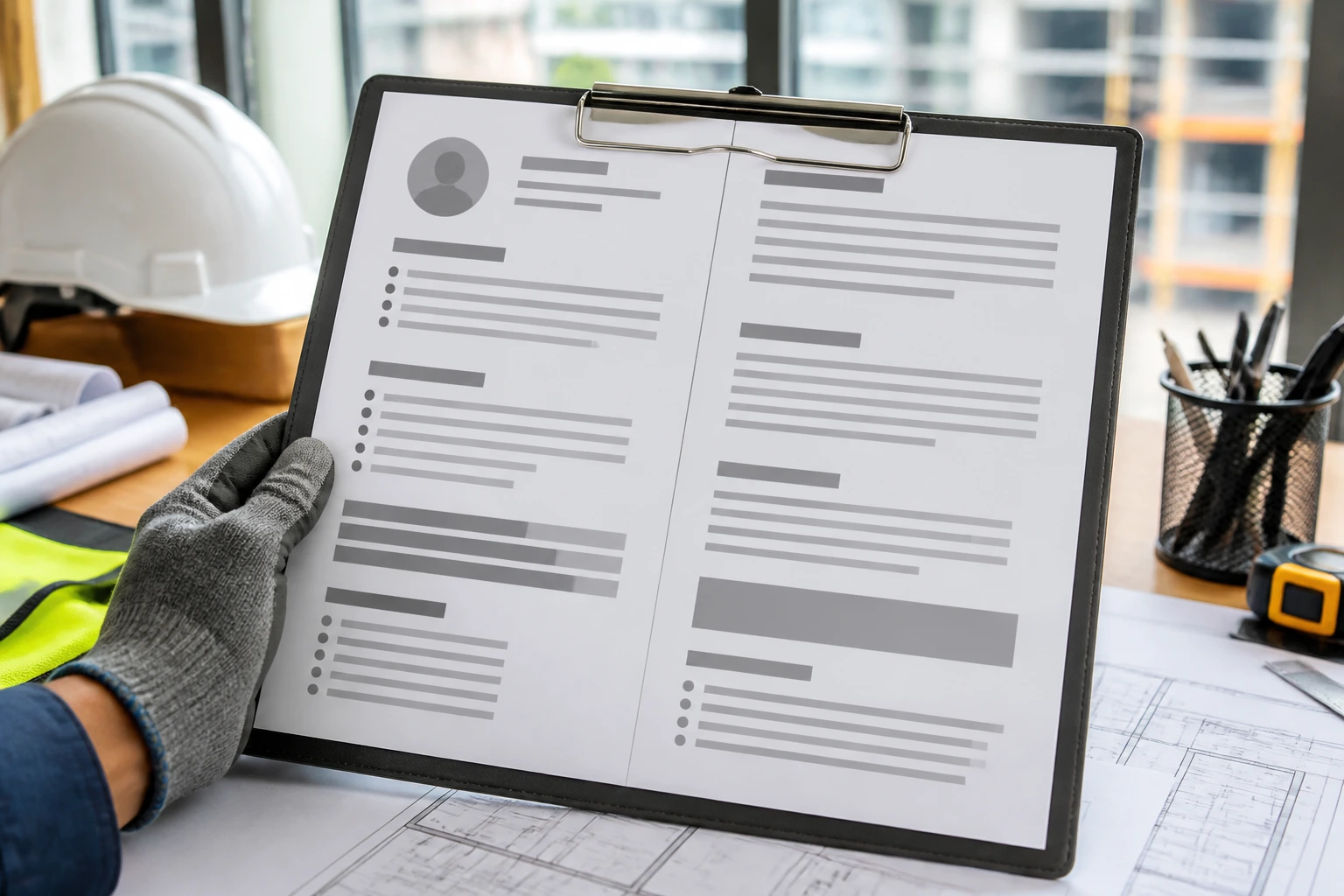 Clipboard with blank resume placeholders held by hand in a construction office