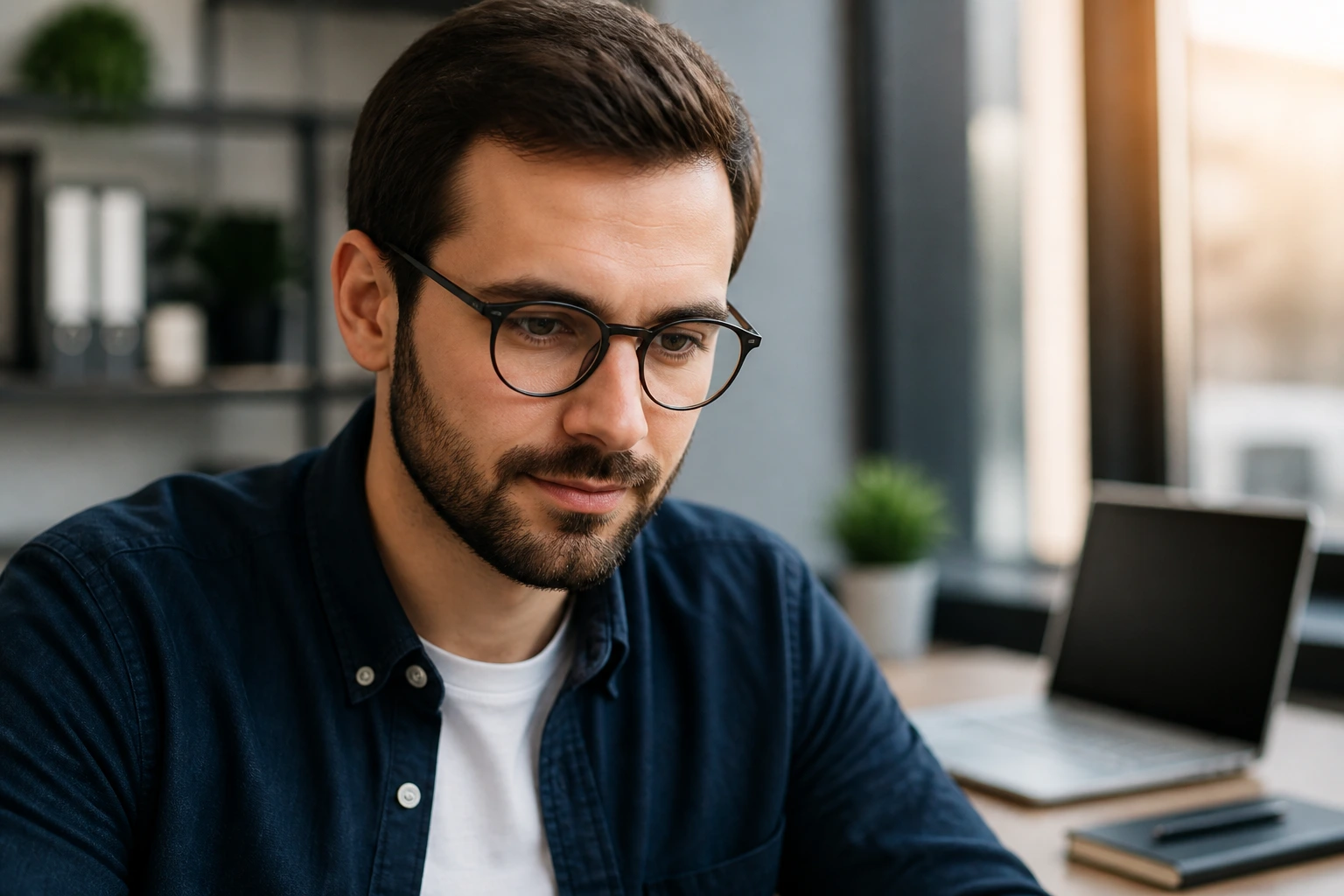 Close-up portrait of a professional showcasing focus and professionalism for a UK-style CV