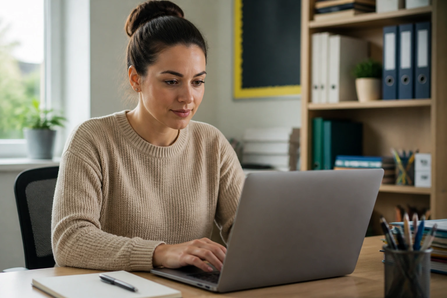 Person crafting a CV in a quiet modern office, laptop screen blurred