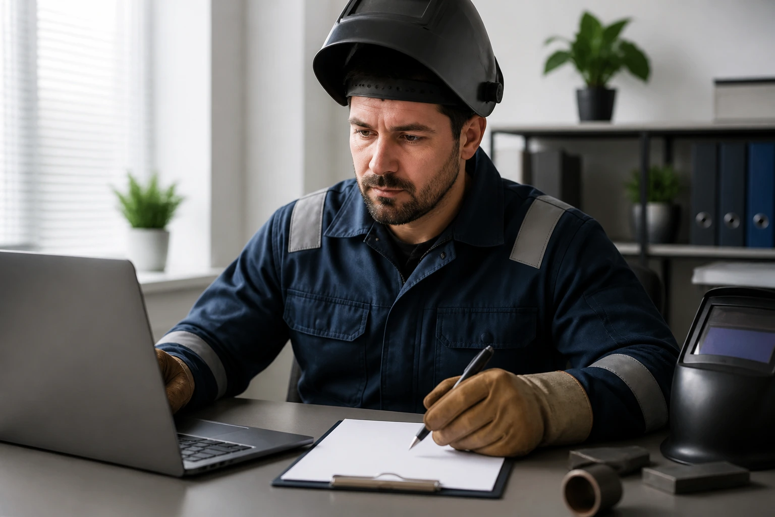 Welder at a desk preparing a CV with blank sheet