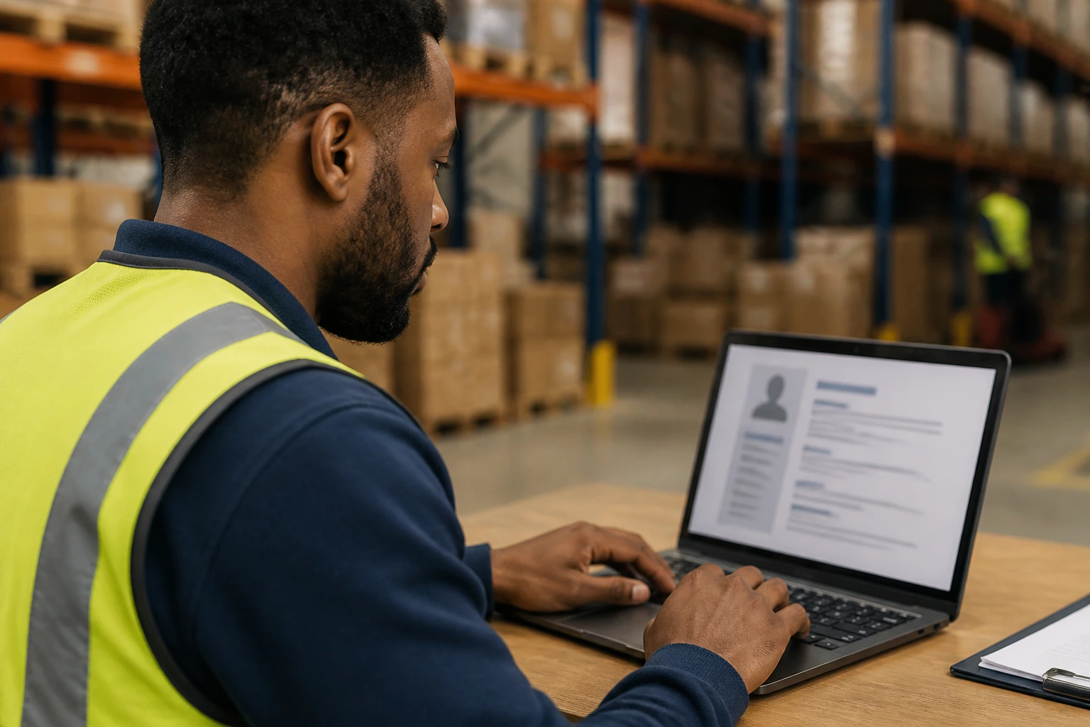 Professional worker crafting a UK warehouse CV on laptop with blurred resume on screen