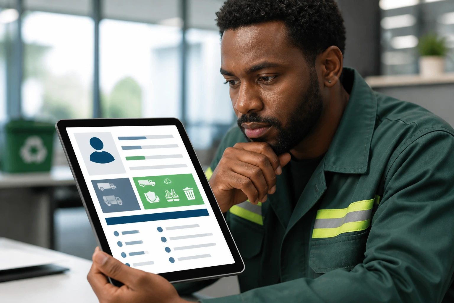 Close-up of a person evaluating a digital CV on a tablet in a bright office