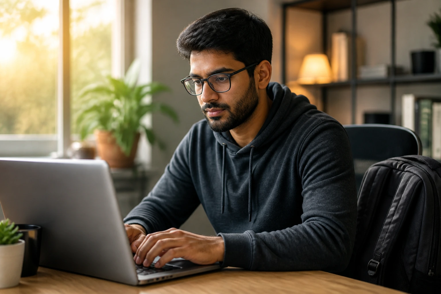 Shoulders-up portrait of a cybersecurity professional at a desk preparing for long-term Canada sponsorship