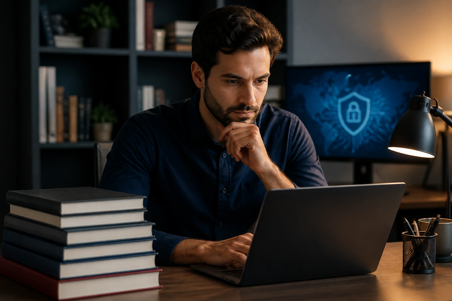 Cybersecurity professional studying for advanced certifications at a desk