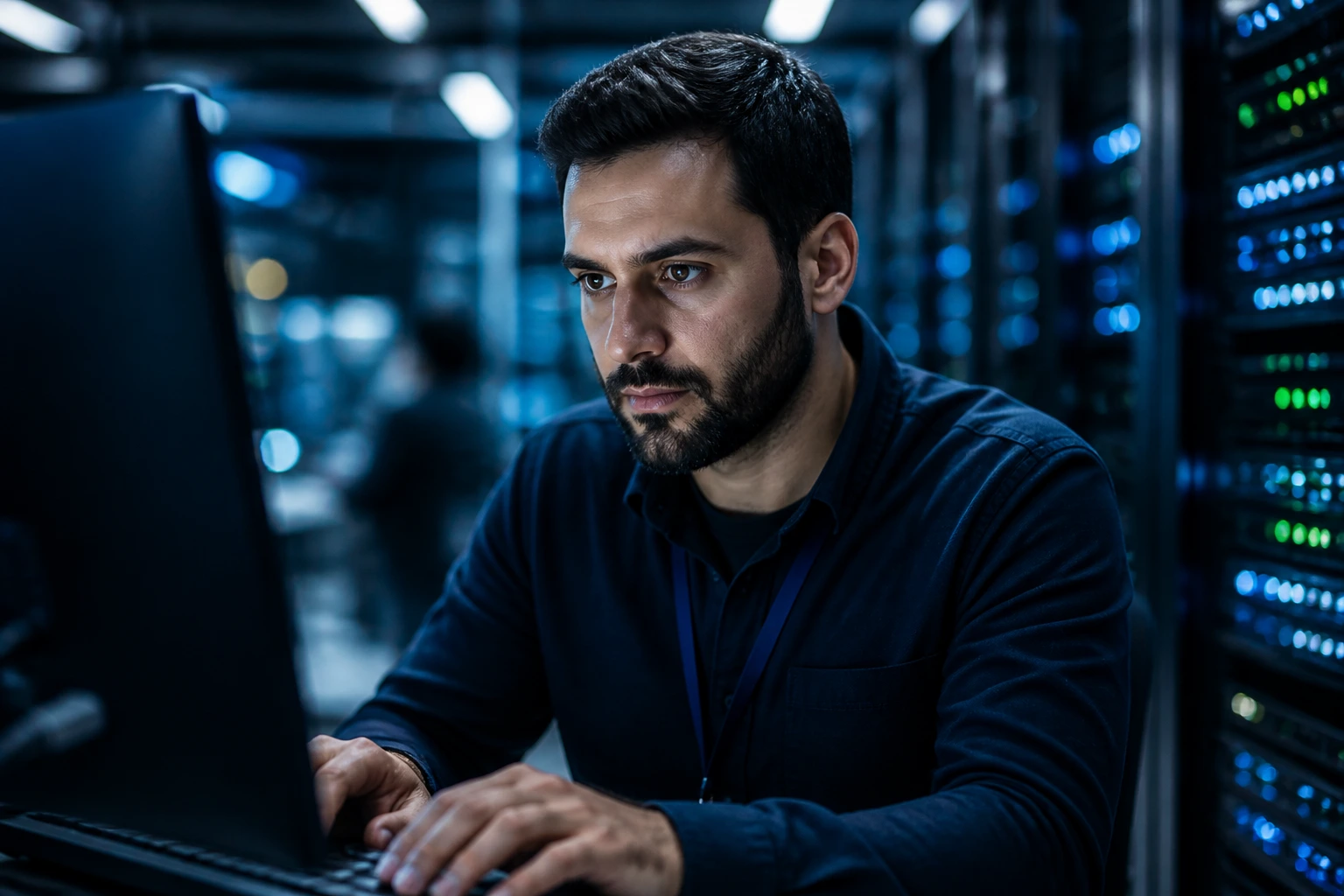 Close-up portrait of a cybersecurity professional in a data center representing Australia's talent gap