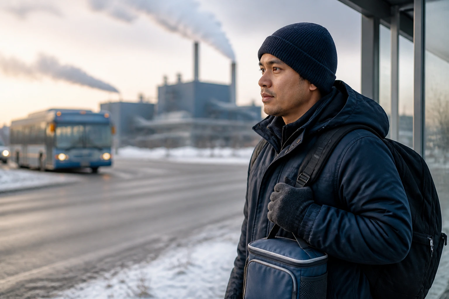 Portrait of a new arrival worker at a Canadian bus stop with winter gear