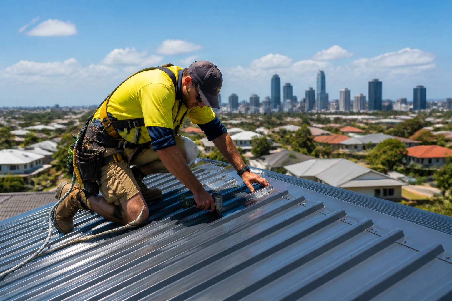 Roofer on metal roof under bright sun