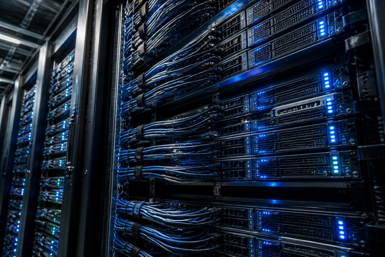 Close-up of a data center rack with blue LED servers in a professional Amazon-like facility