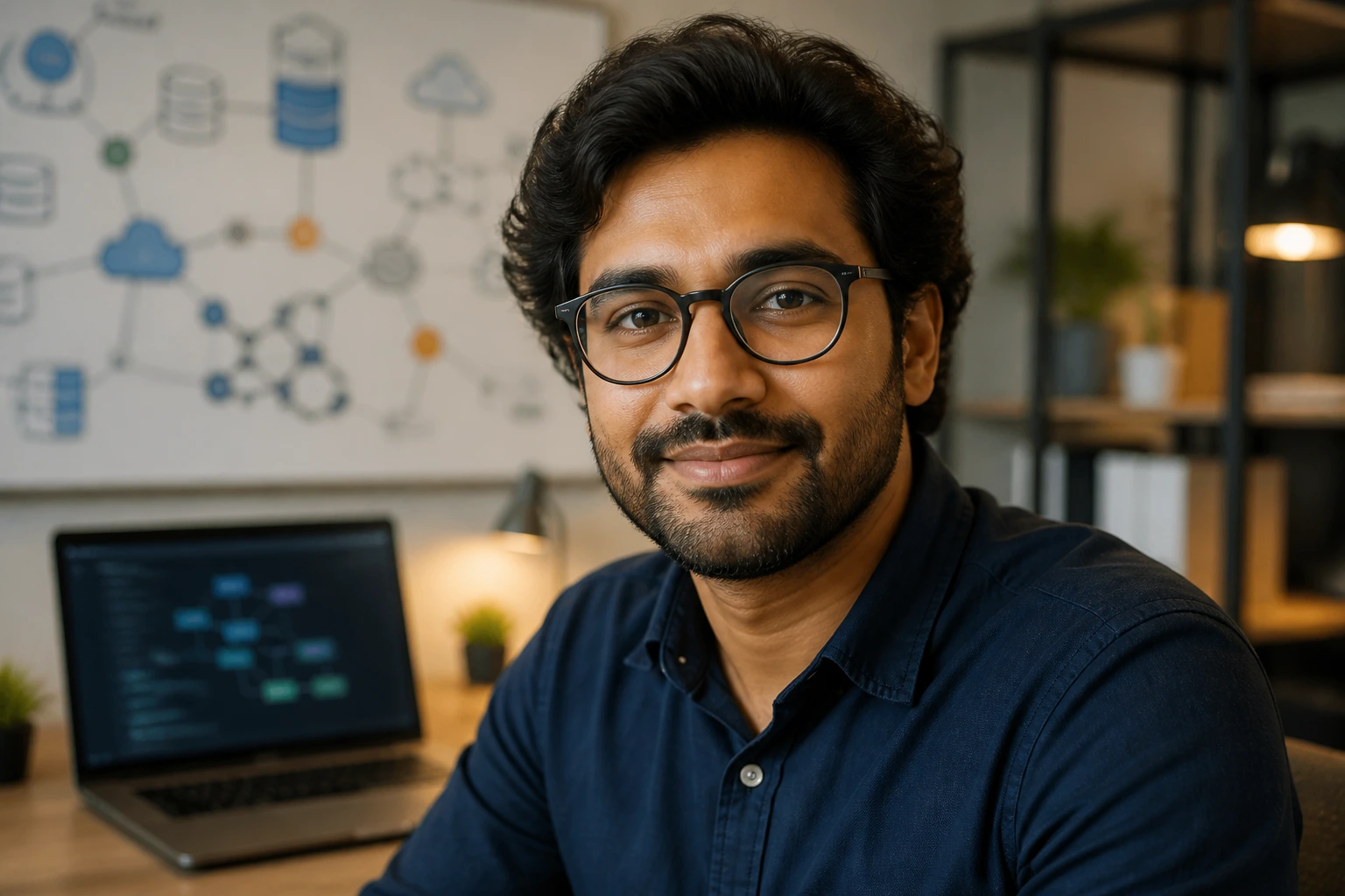 Medium close-up of a data engineer in a modern office, emphasizing the modern tech stack.