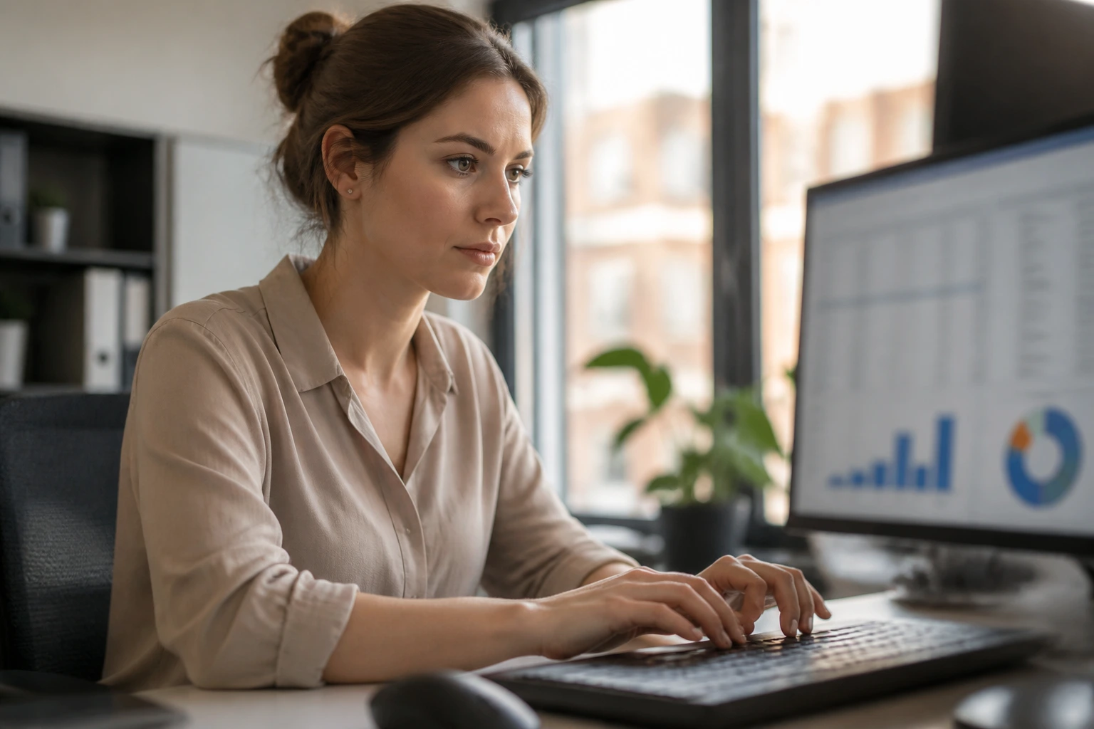 Portrait of a data entry clerk at a desk showing daily work rhythm