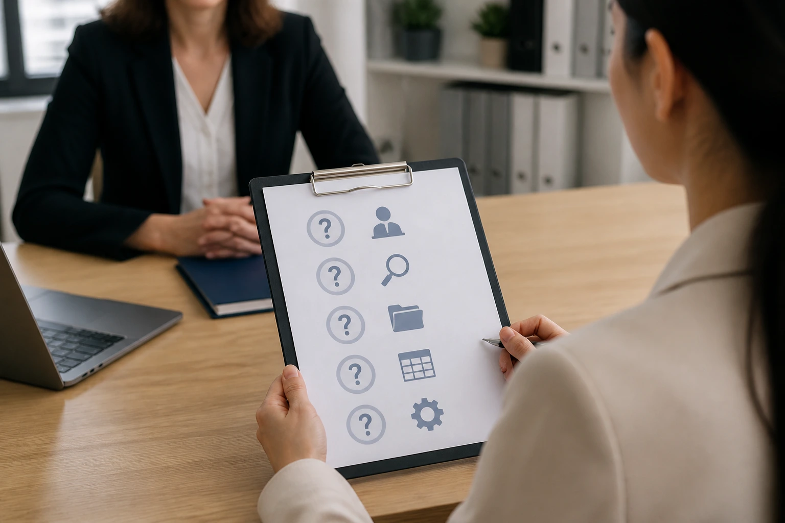 Candidate in interview setting with non-text prompts on clipboard