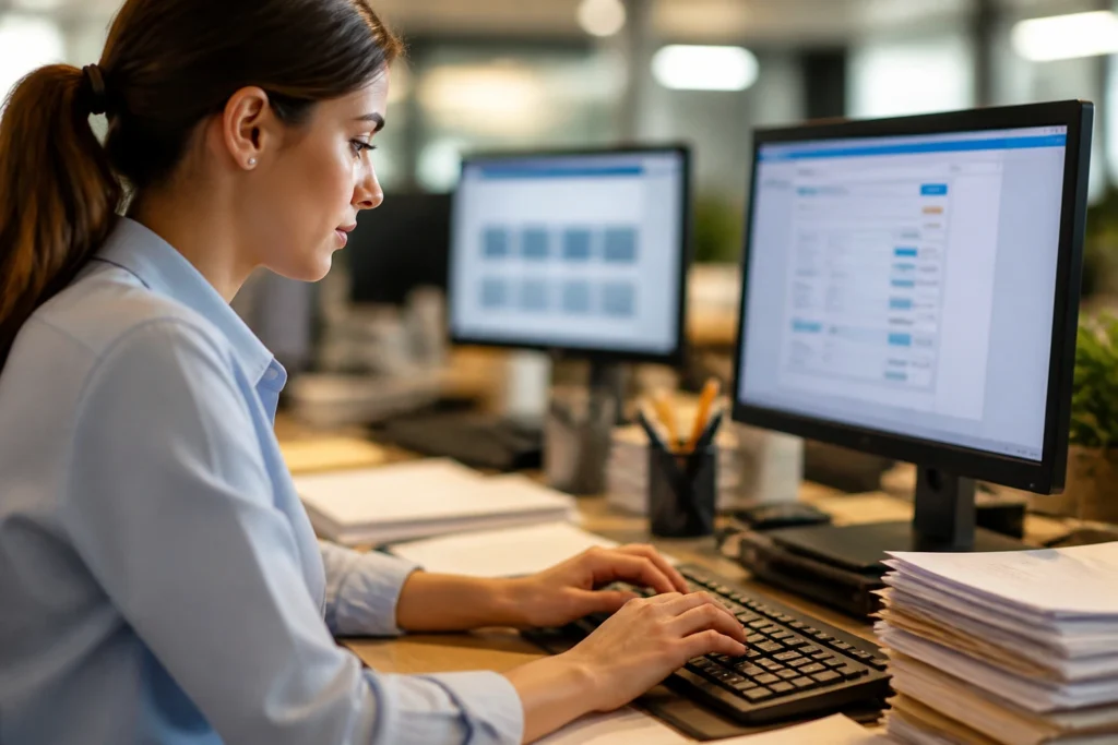 Desk worker typing with blurred data screens in an office