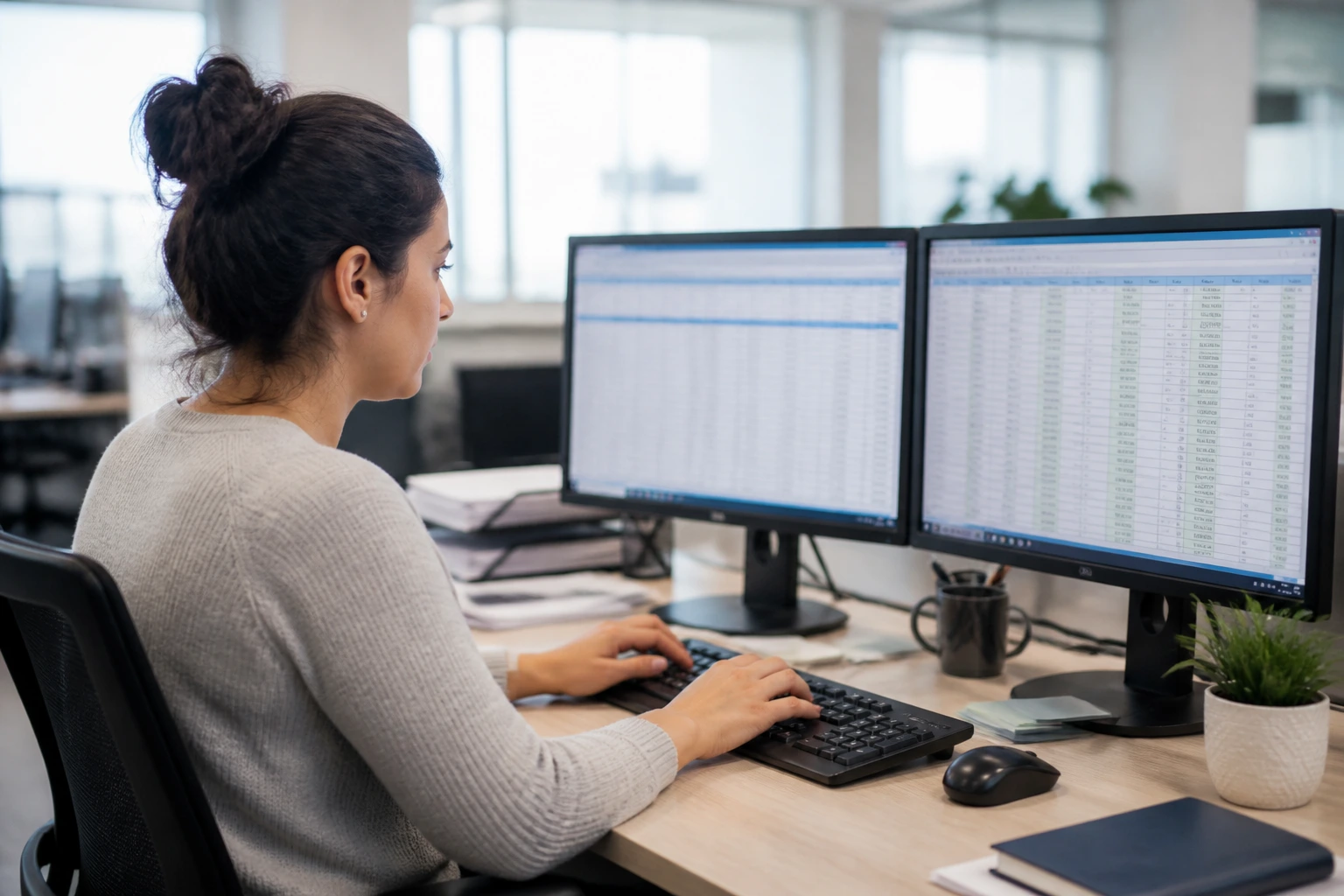 Real data entry clerk at a Canadian office typing on a keyboard with spreadsheet screens