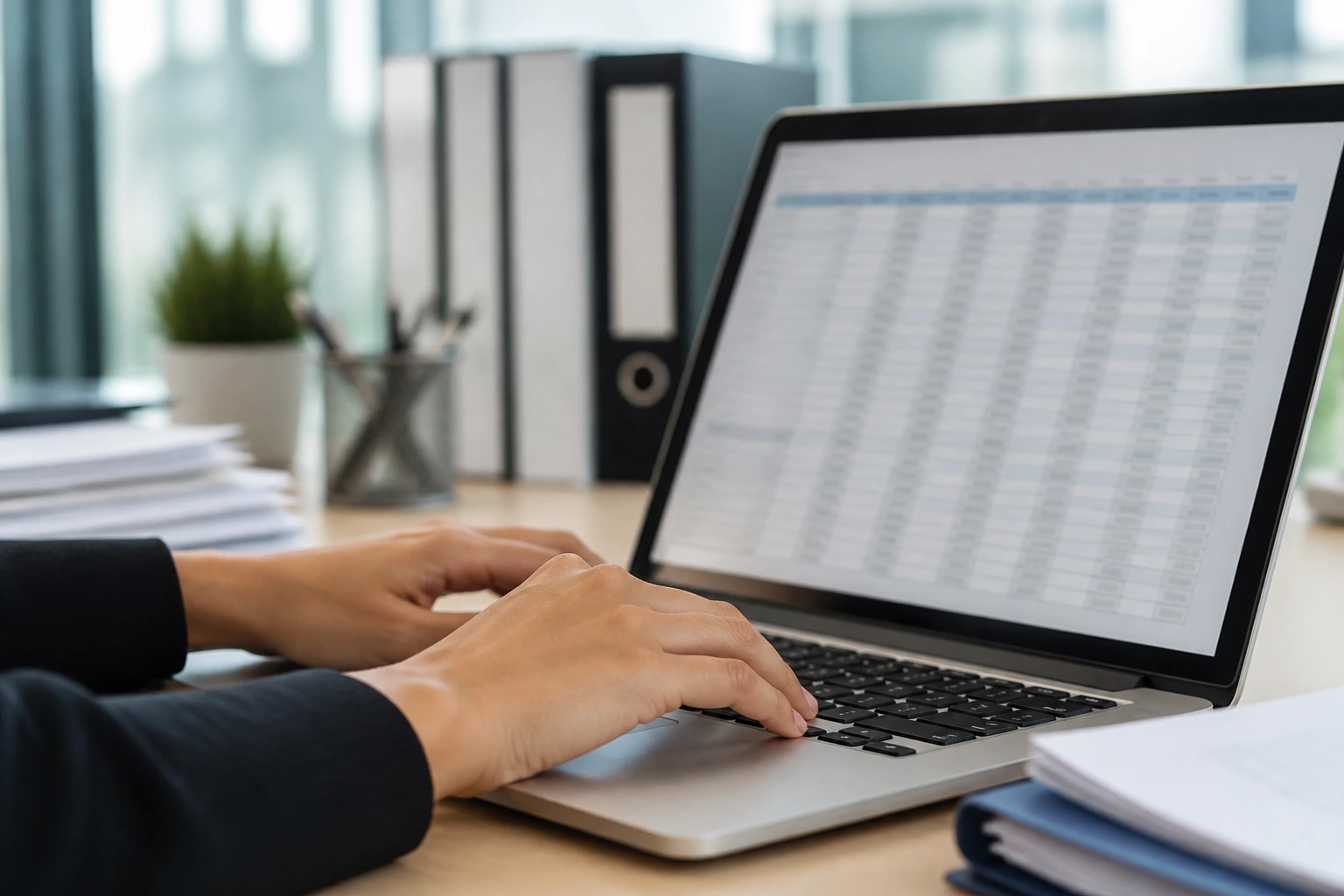 Close-up of hands typing on a keyboard with a blurred data grid on screen in an office
