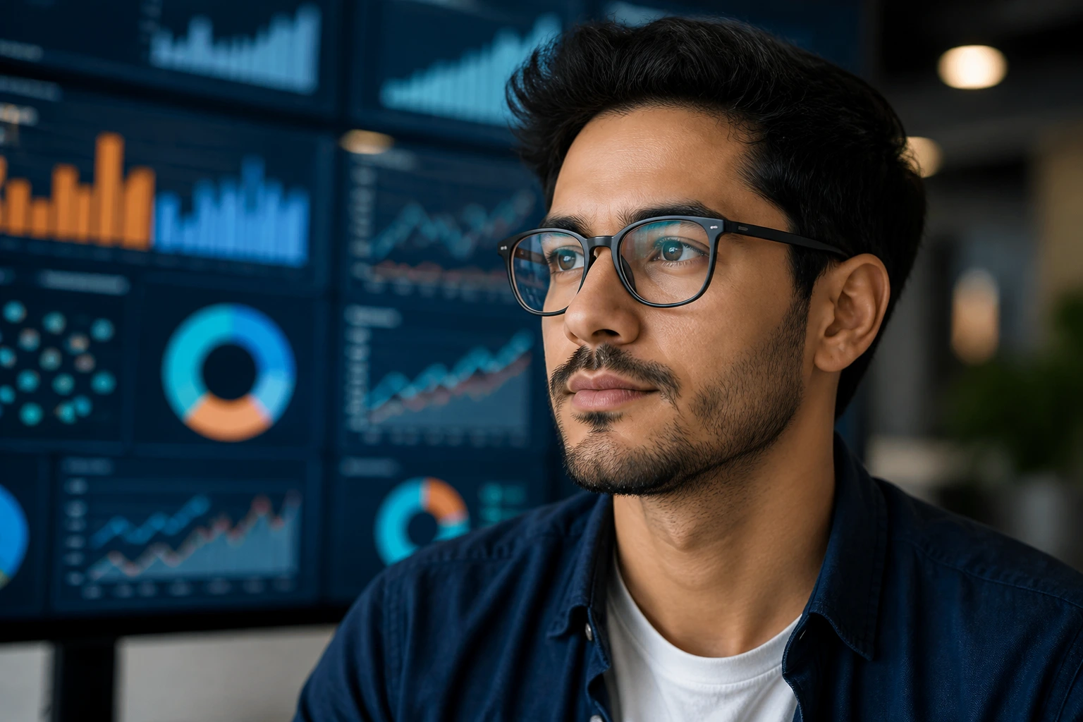 Data scientist portrait with thoughtful expression in an office setting.