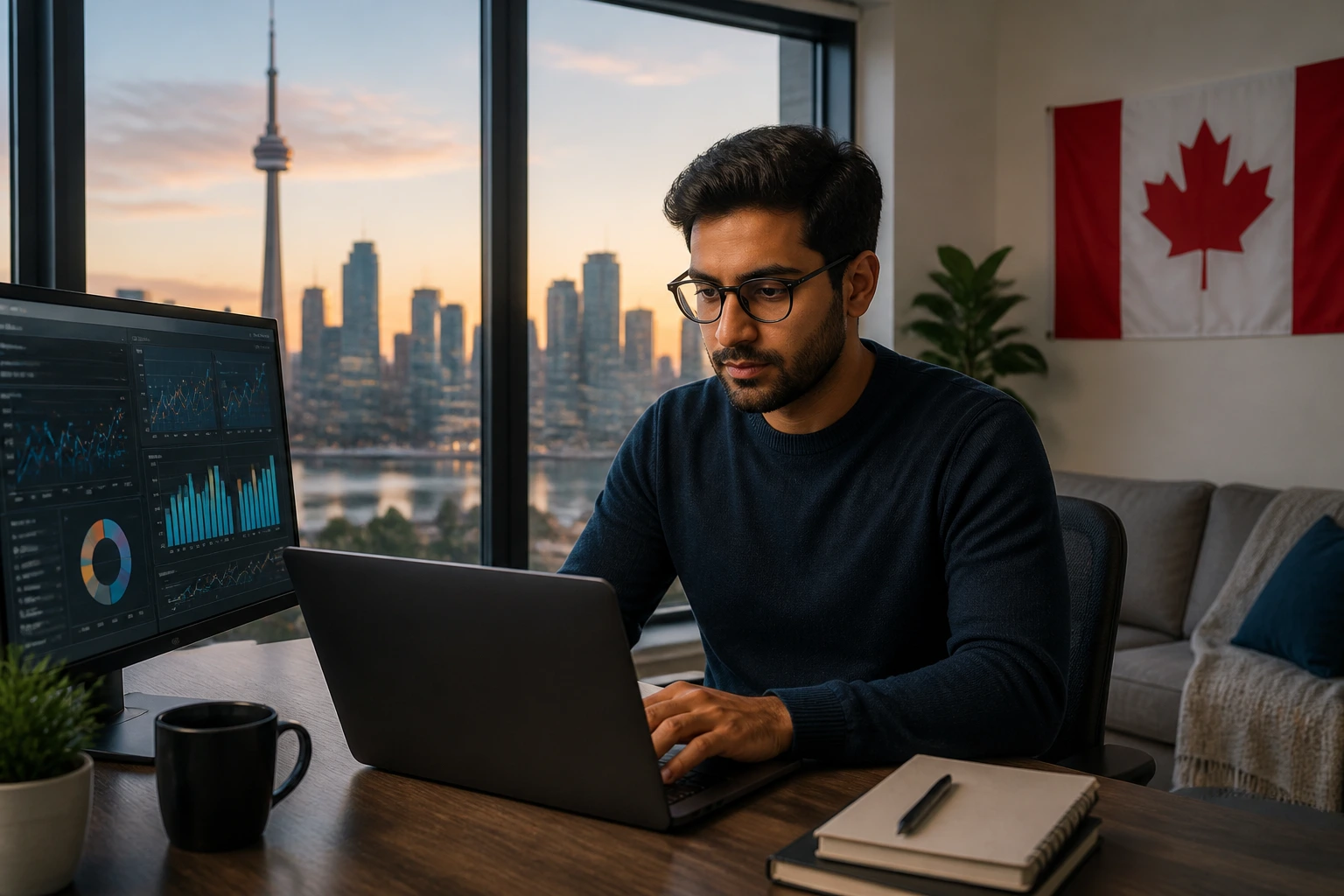 Medium shot of a data scientist in a Canadian city apartment with a view