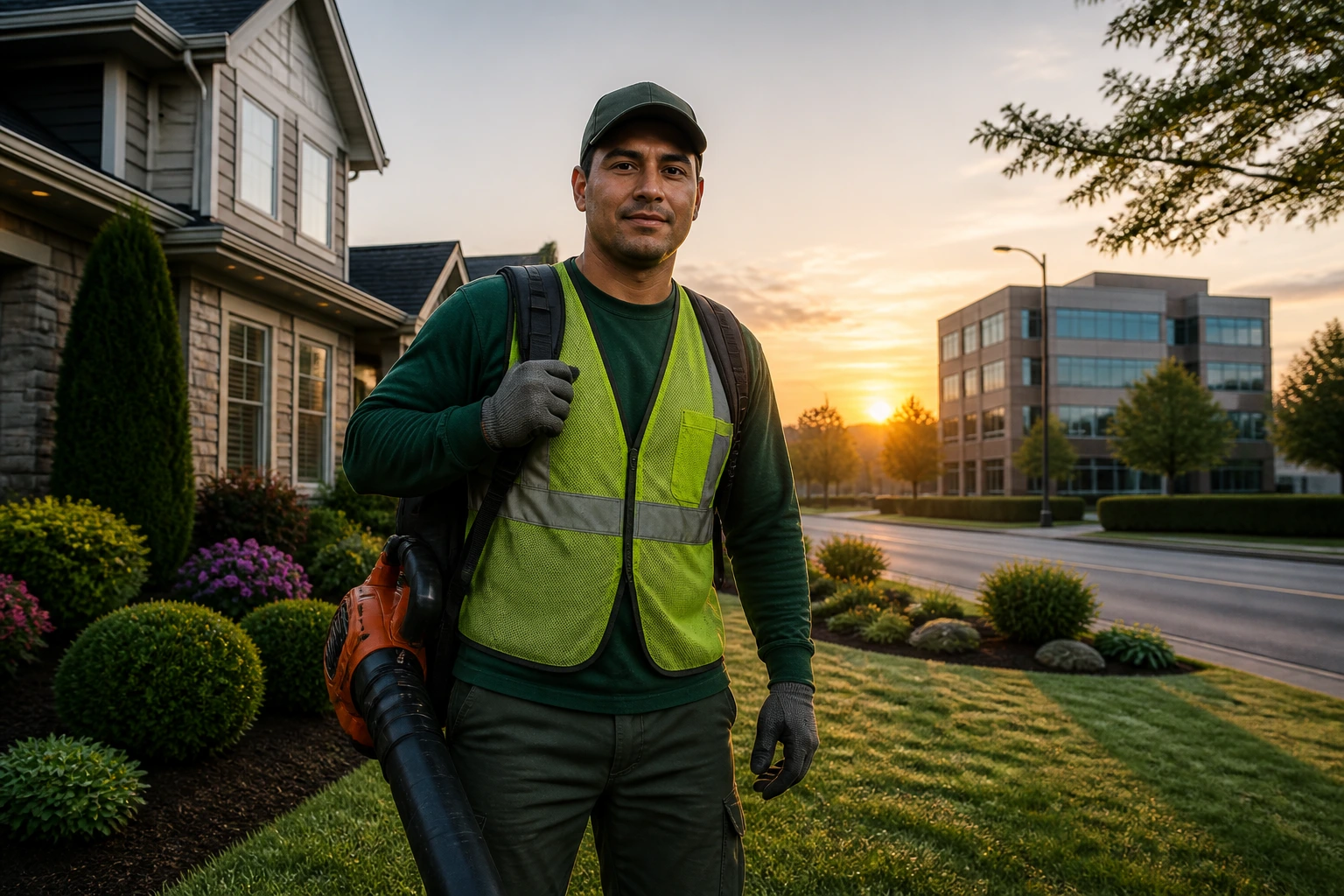 Landscaper in dawn light on a residential yard with distant commercial building