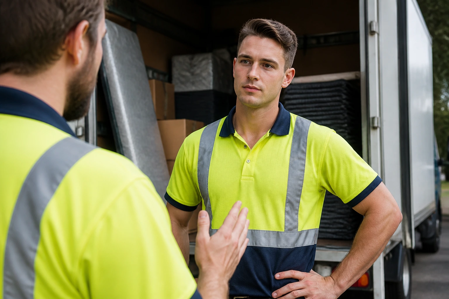 Removalist on day one wearing boots and hi-vis, listening to instructions beside a truck