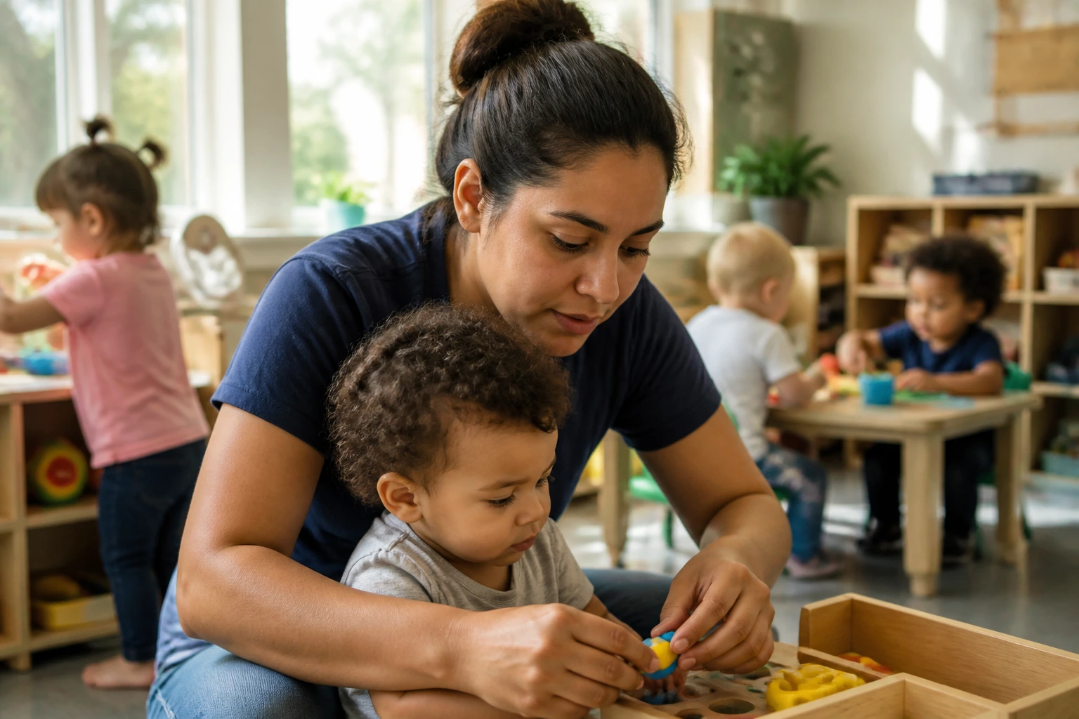 Close-up of a daycare teacher aide guiding a child in a busy toddler classroom