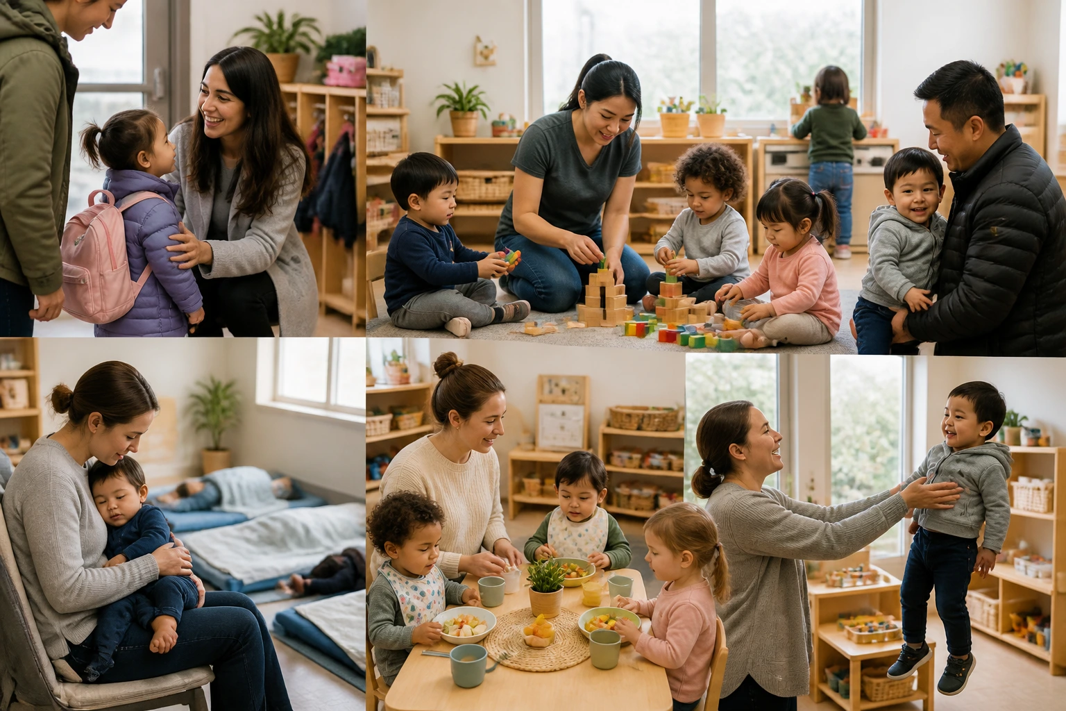 Daycare room interior showing a caregiver guiding children through activities during the day