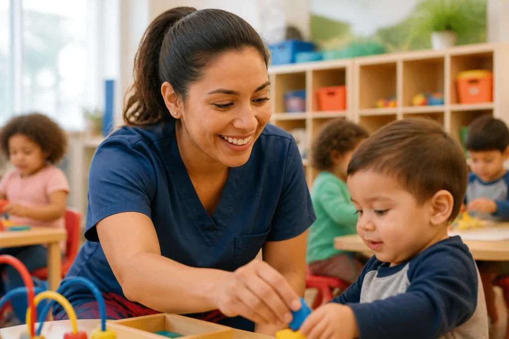 Daycare worker in uniform assisting a child in a busy daycare environment