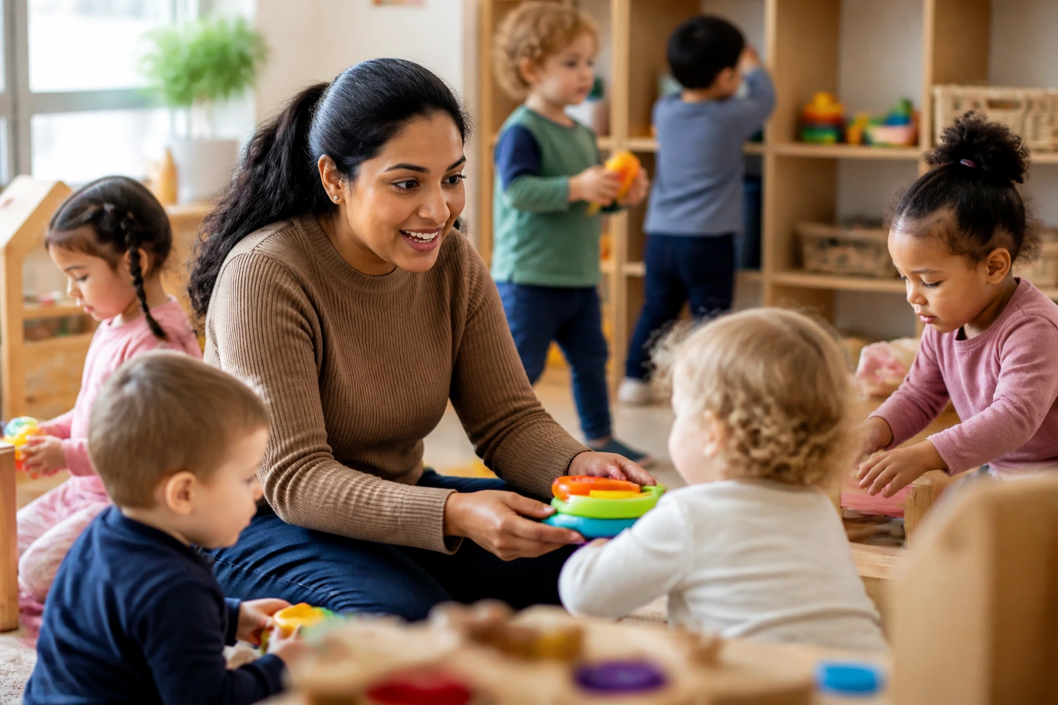 Close-up scene of a busy toddler classroom with a caring educator and engaged children in a real daycare setting